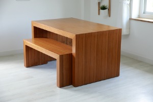 [판매완료] [전시 상품] 1300 천연 티크 무늬목 테이블 벤치의자 세트